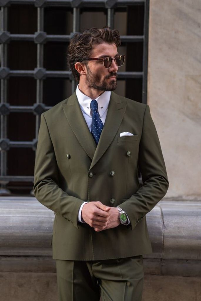 Whitefoot Terrace Tailored Slim Fit Olive Green Double Breasted Men's Suit  With Peak Lapels | MrGuild